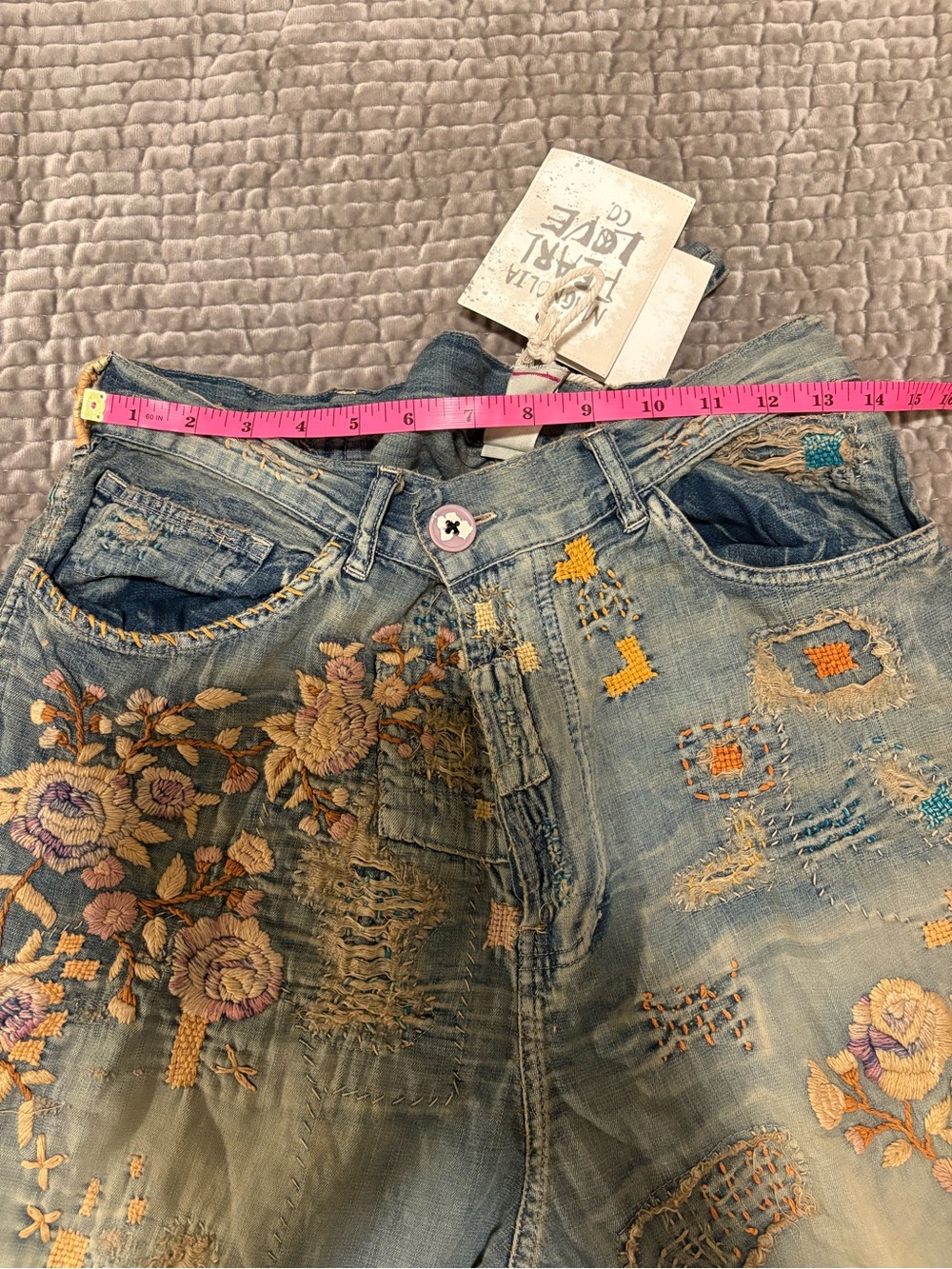 Magnolia Pearl Embroidered Patchwork Blue Jeans with Pink & Cream Florals - Picture 12 of 16